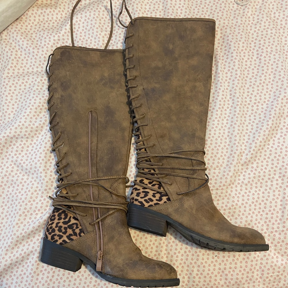 Brown and cheetah winter boots